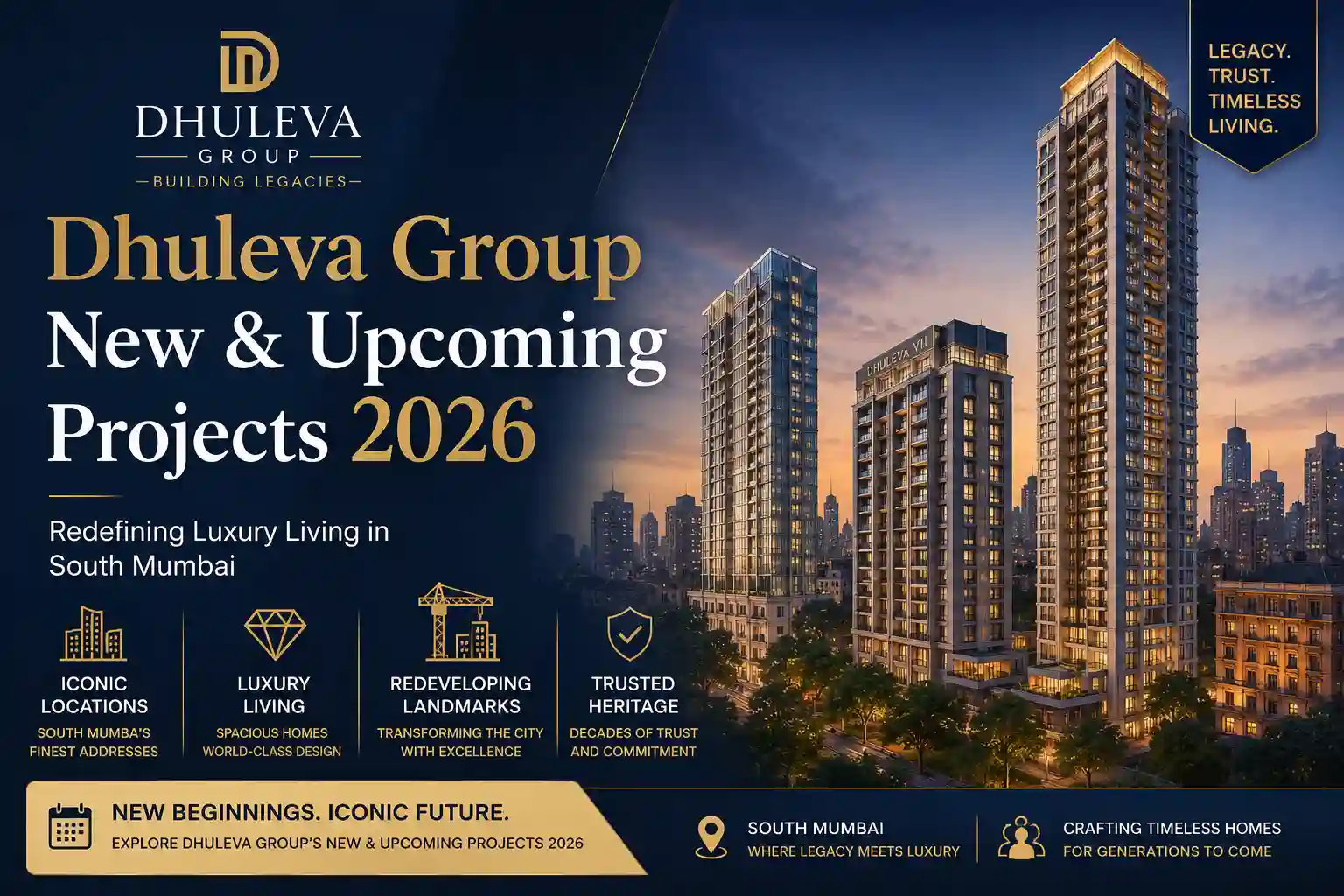 Dhuleva Group luxury residential projects in South Mumbai featuring premium apartments at Malabar Hill, Babulnath, and Girgaon with modern architecture